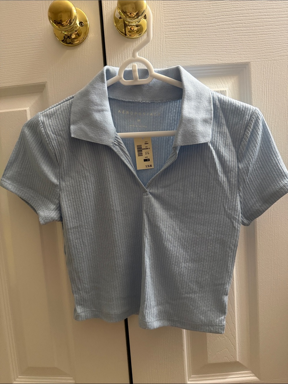 Aeropostale Light Blue Ribbed Cropped Polo Top